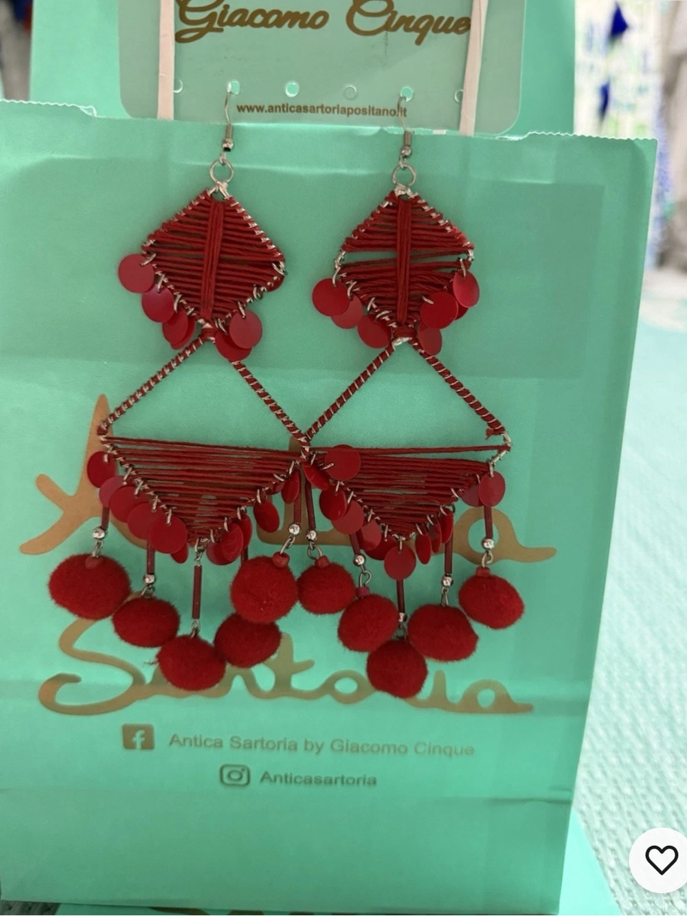 Antica Sartoria Hot Red Pom Pom Hoop Triangle Earrings NWT